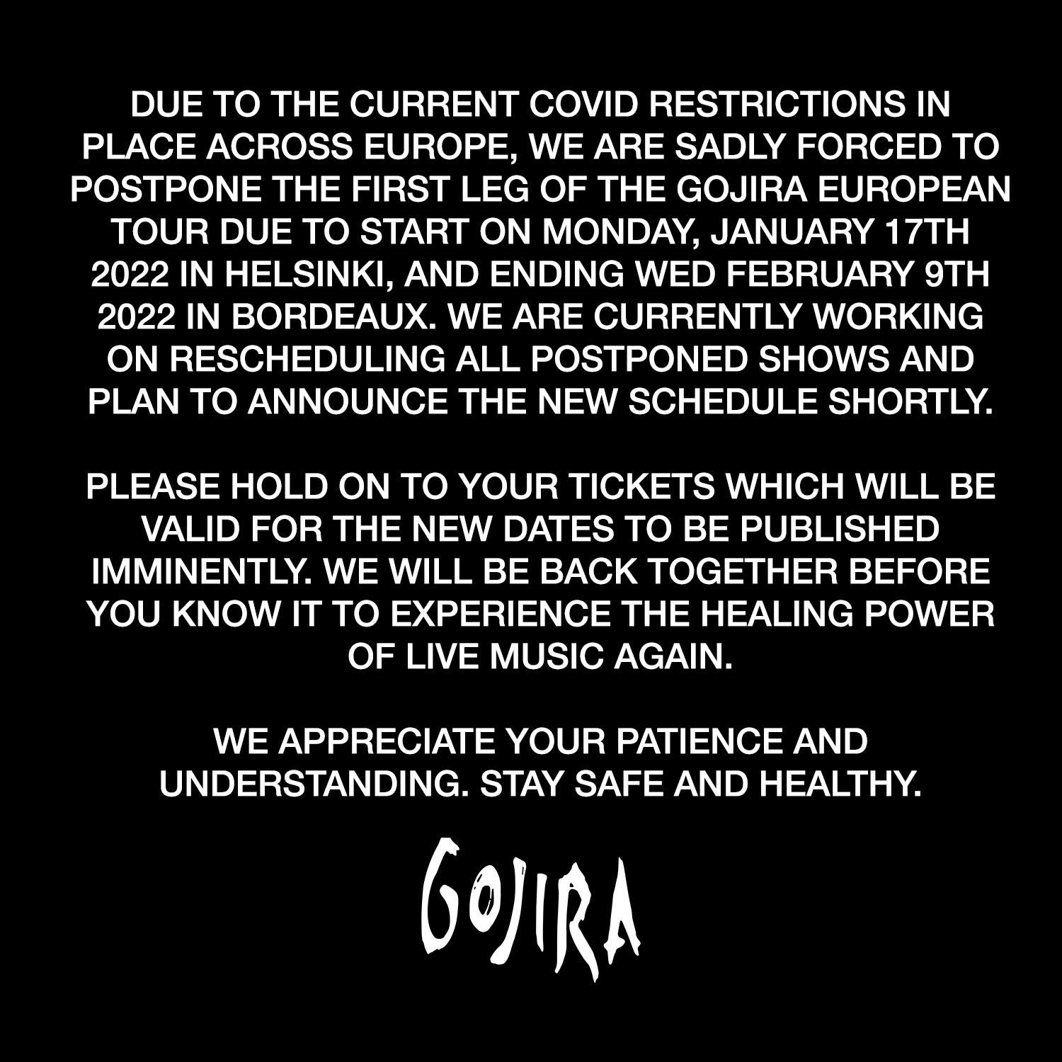 Gojira message tour 2022 postponed